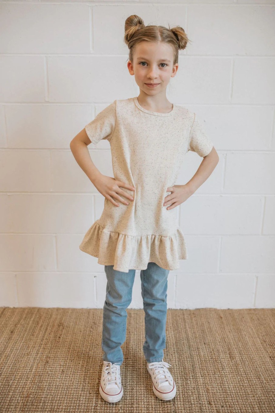 Mini Jax + Lennon | Ribbed Ruffle Tunic Speckled Oat