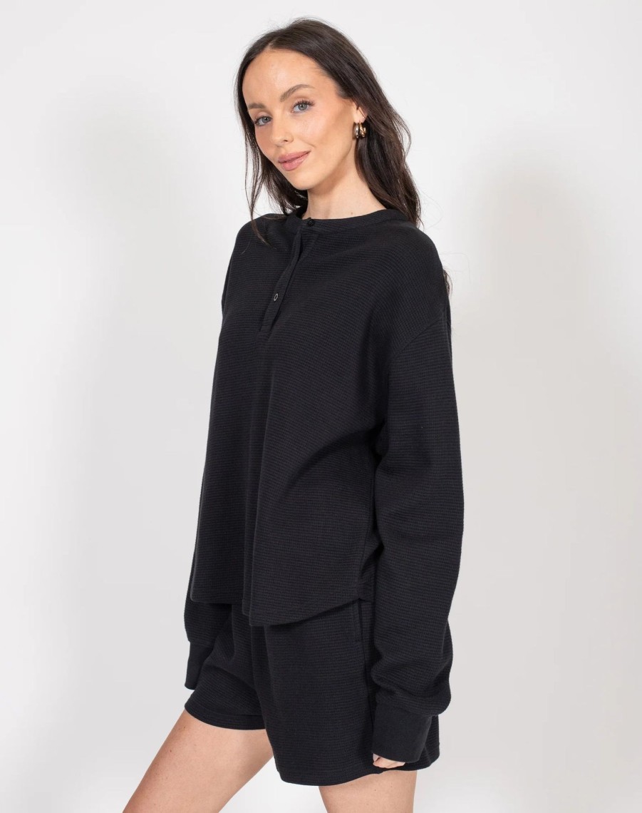 Ladies Brunette the Label | Boxy Henley - Waffle Knit Black