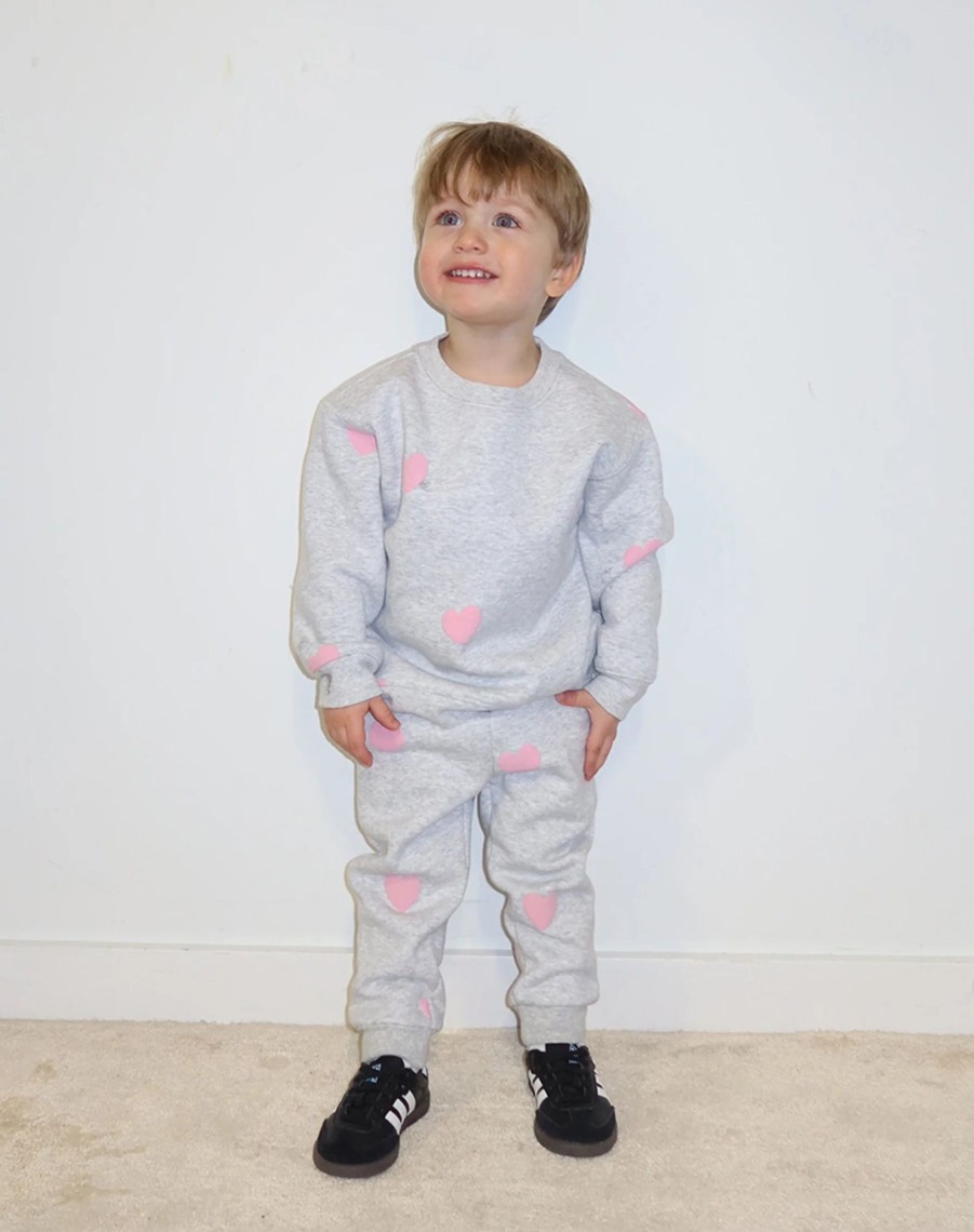 Mini Brunette the Label | Little Babes Jogger - All Over Heart Pebble Grey W/ Baby Pink