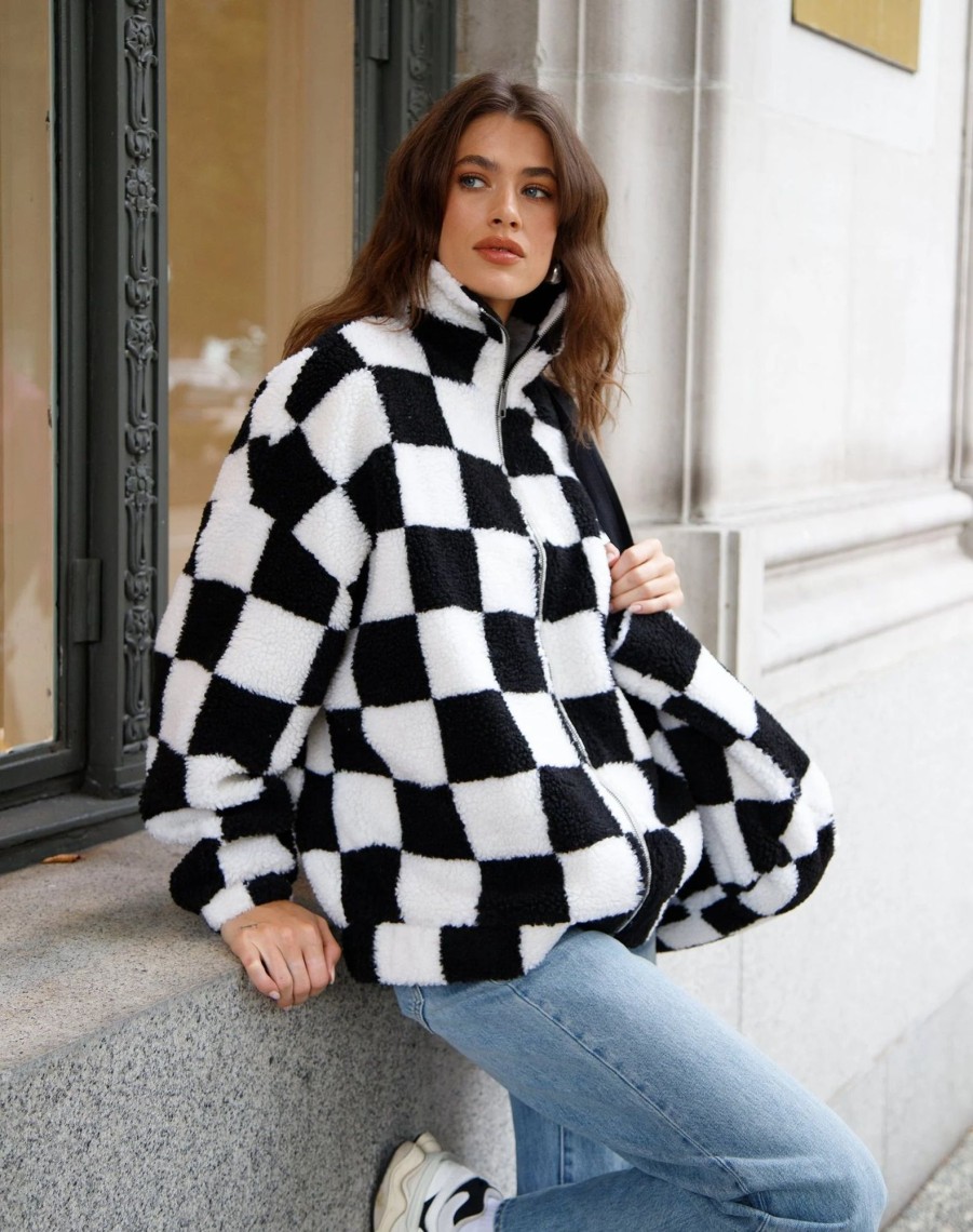 Ladies Brunette the Label | Checkerboard Sherpa Jacket | Black & White