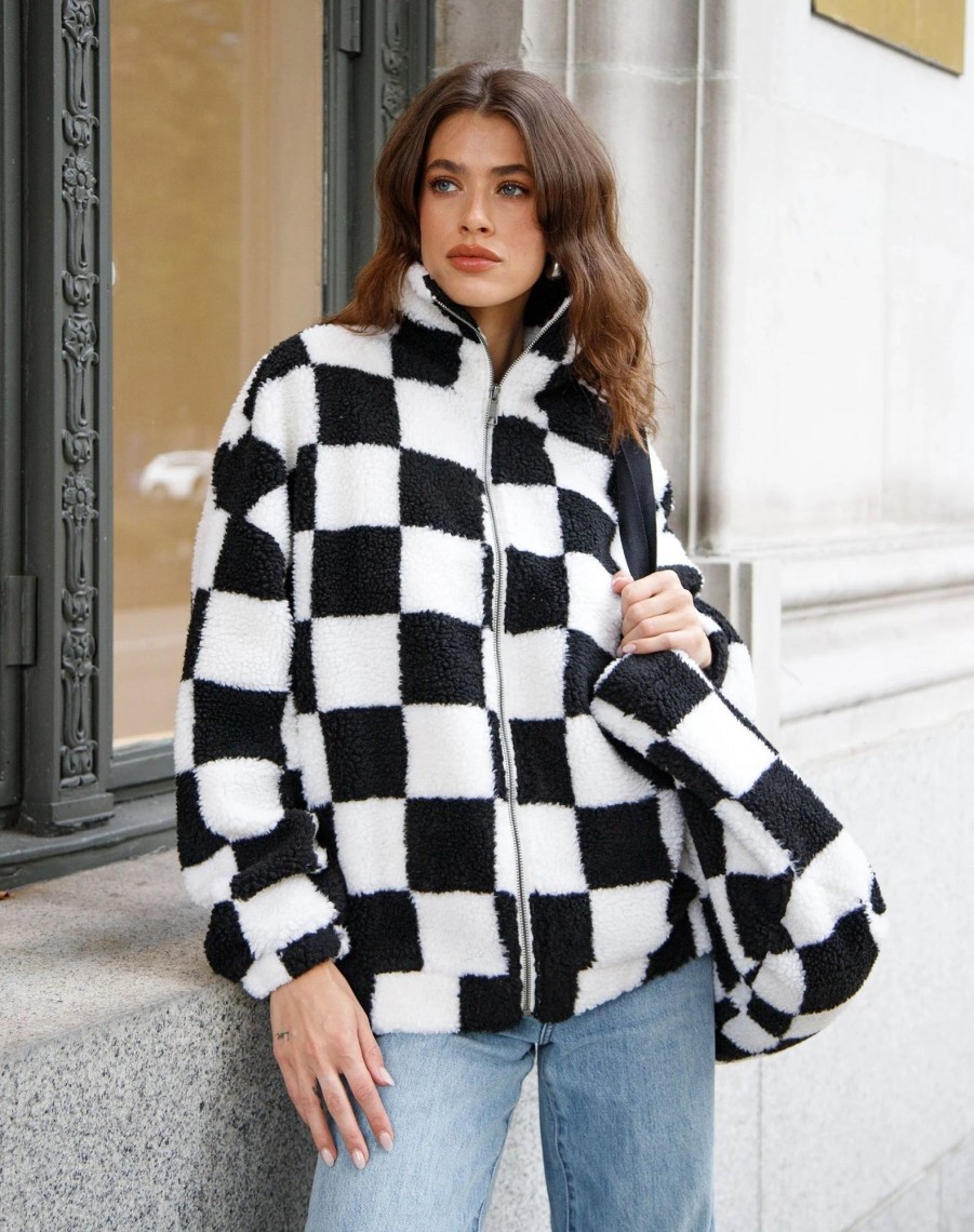 Ladies Brunette the Label | Checkerboard Sherpa Jacket | Black & White